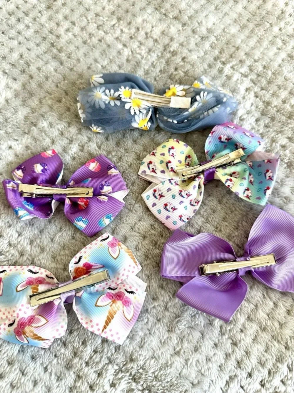 Girls Hair Bow Lot 5 Purple Pink Floral Cupcake Unicorn Grosgrain Bows 0530